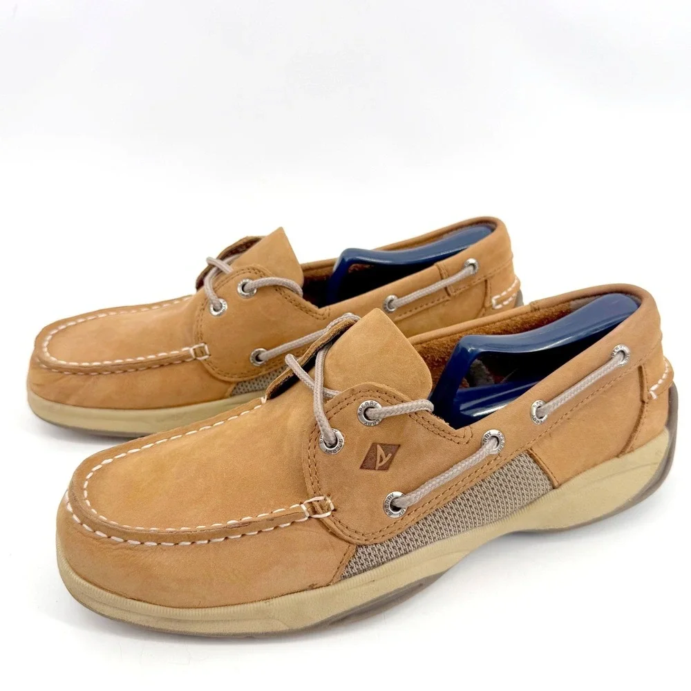Sperry Billfish Boat Shoes Mens 8.5 Tan Leather Mesh Deck Loafers Resort